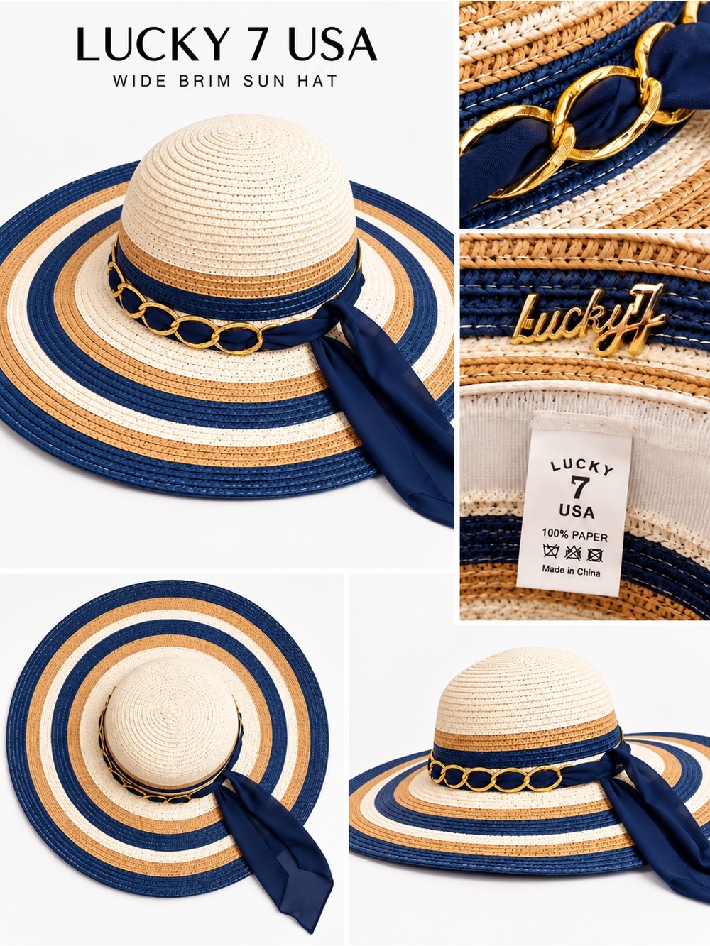 Lucky 7 USA Wide Brim Striped Sun Hat Navy Tan Ivory Gold Chain
